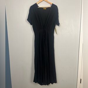 New folake black linen blend deep v-neck button midi dress size medium